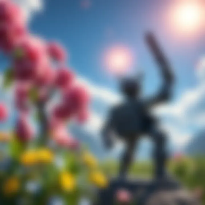 A gaming scene showing contrasting elements of spring flowers and summer sun, with characters preparing for trials in their adventure.