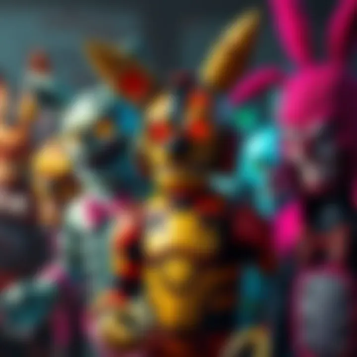 Springtrap stands with a group of colorful killers, showcasing their distinct features and expressions in an exciting scene.