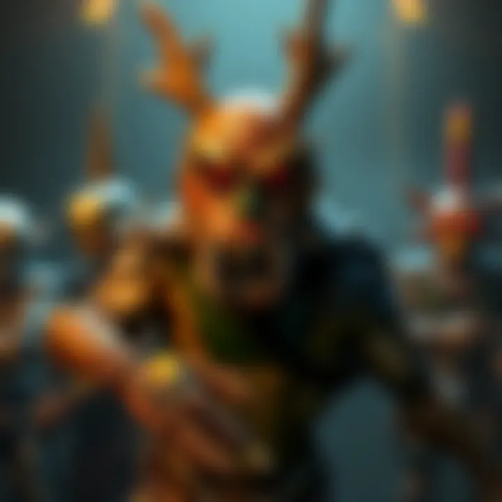 Springtrap in a dark game setting, showcasing his unique add-ons among Deathslinger, Pyramid Head, and Nemesis characters.
