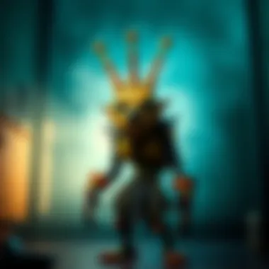 A detailed look at Springtrap, a character with worn-out, tattered green and yellow body parts, standing ominously in a dimly lit room, surrounded by shadows, hinting at his mysterious powers.