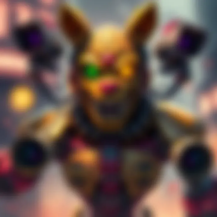 A detailed illustration of Springtrap, a robotic character with a worn appearance, surrounded by cameras that enhance game lore.