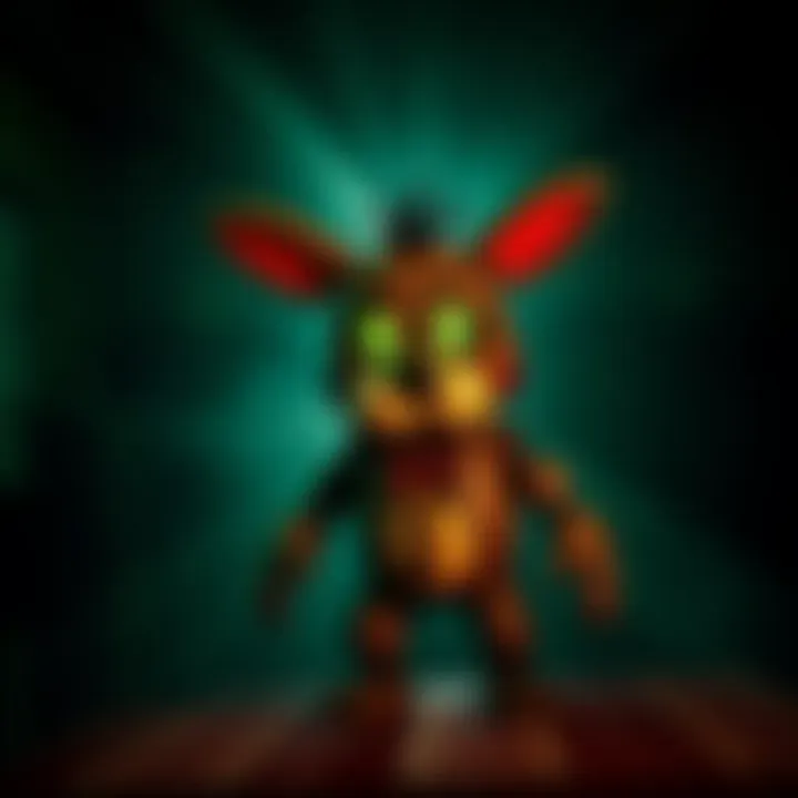 Springtrap character from FNAF standing in a dimly lit room, looking menacing with tattered fur and glowing eyes.