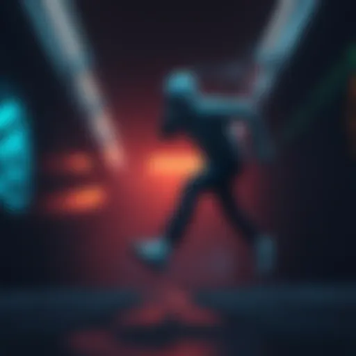 Sprinting Sneaker in Game A game character sneaks and sprints through a dimly lit environment with shadows, blending stealth and speed in gameplay.