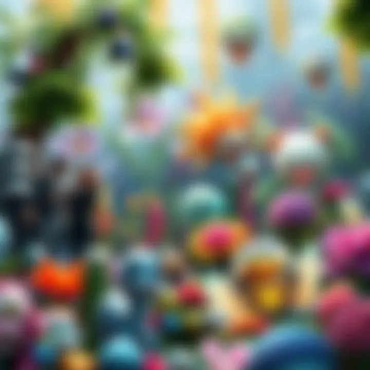 A colorful garden filled with various sprites and plants, showing players interacting and discussing features.
