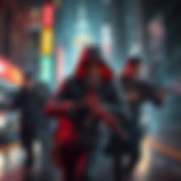 Spy characters in action A group of spy characters stealthily moving through a city at night, equipped with gadgets and disguises.