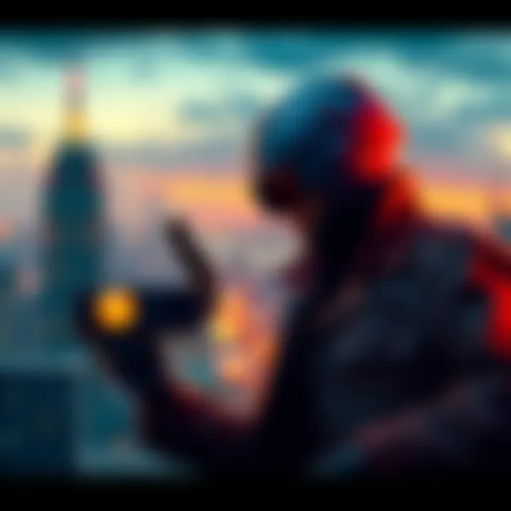 A spy agent holding a gadget while observing a cityscape, representing the skills of spycraft in 007 First Light.