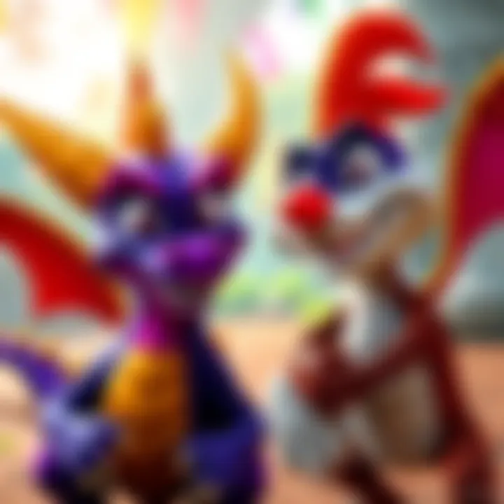 Spyro and Banjo-Kazooie characters smiling and posing in a colorful game setting, showcasing a potential collaboration between their teams.