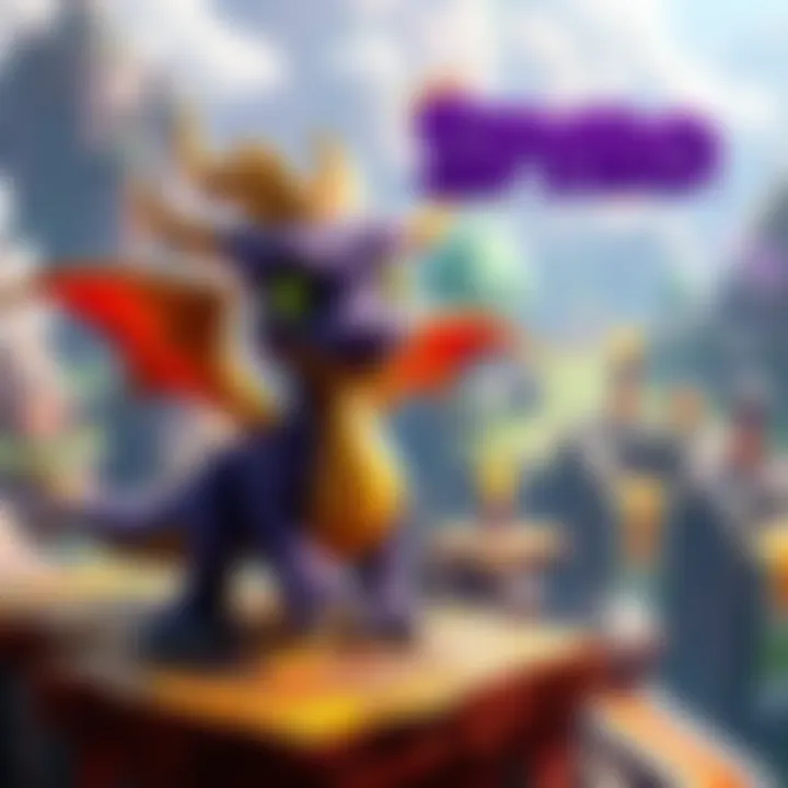 A vibrant dragon character from the Spyro franchise, exploring a colorful game level with various obstacles and treasures in the background.