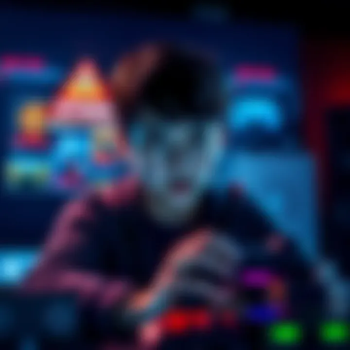 A gamer looking worried while playing Midnight Suns, surrounded by video game graphics and a warning sign about spyware.