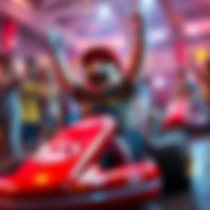 Squeex celebrating victory after winning his 9th knockout in Mario Kart, with fans cheering in the background