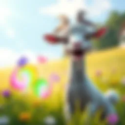 Squibbly the Goat happily interacting with a colorful sprite in a sunny pasture