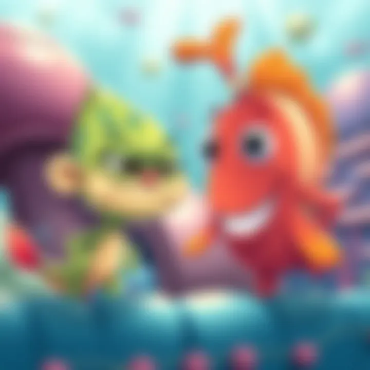 Squibbly and Fishstick Rivalry A colorful illustration showing Squibbly looking annoyed at Fishstick, who is smiling cheerfully, highlighting their playful rivalry.