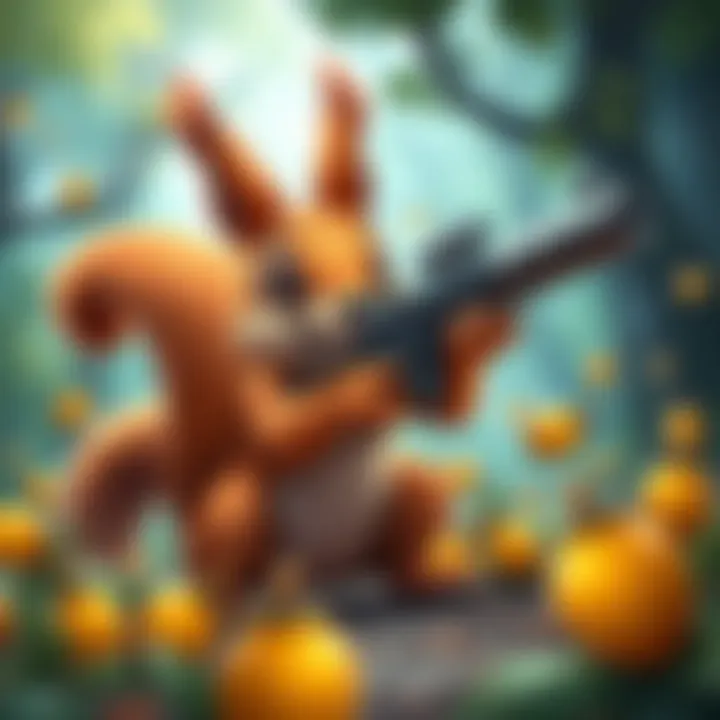 Squirrel with a Gun game art A cartoon squirrel holding a gun and chasing golden acorns in a vibrant forest setting