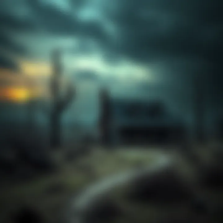 St. Johns Family Before the Collapse A dark and eerie scene depicting the St. Johns family's home, surrounded by a desolate landscape, hinting at their troubled history and dark secrets.