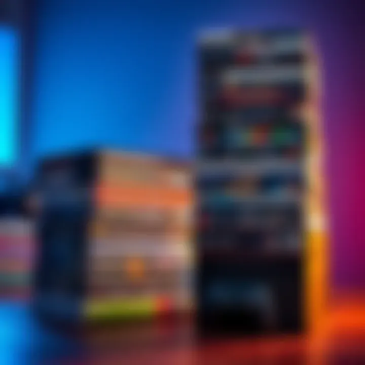 A tall stack of various video game boxes next to a game console, emphasizing the struggle of unplayed titles.