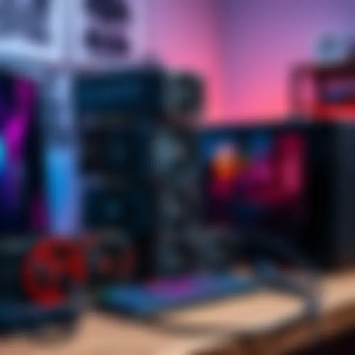 Several GPUs stacked on a desk, showcasing the hardware setup for gaming and mining, surrounded by cables and a computer case