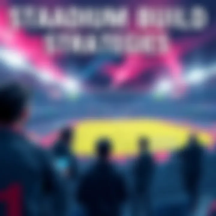 A vibrant scene showing players discussing stadium build tactics, with visuals of Raining Lead and Hop-boom upgrades in action.