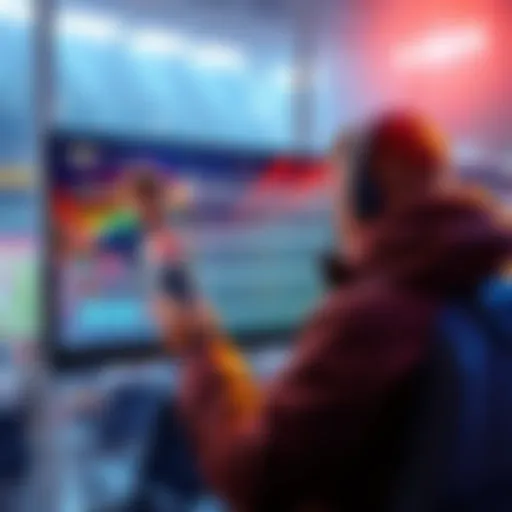 A gamer analyzing player stats and strategies on a digital screen to increase Stadium cash during gameplay.