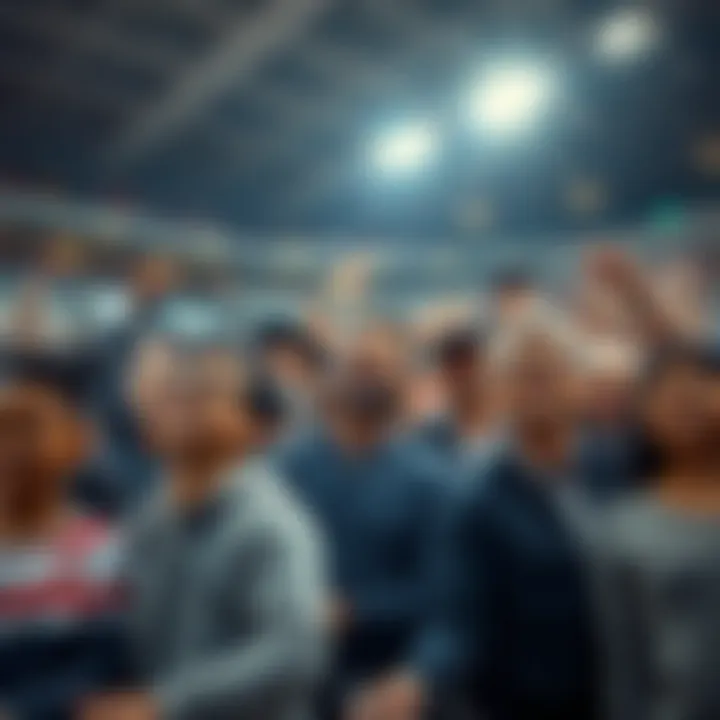 A group of diverse people enjoying a sports event in a stadium, with some looking excited and others a bit unsure, capturing the mix of experiences newcomers face at such events.