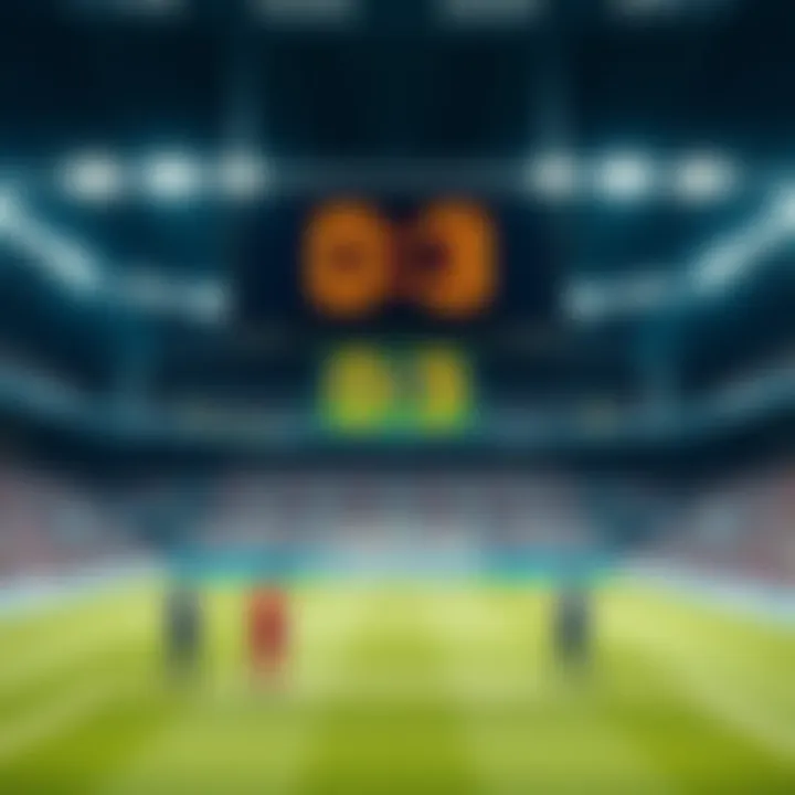 Stadium game with a 0-3 score A stadium scene showing players on the field amid a scoreboard displaying 0-3, with fans looking on in concern.