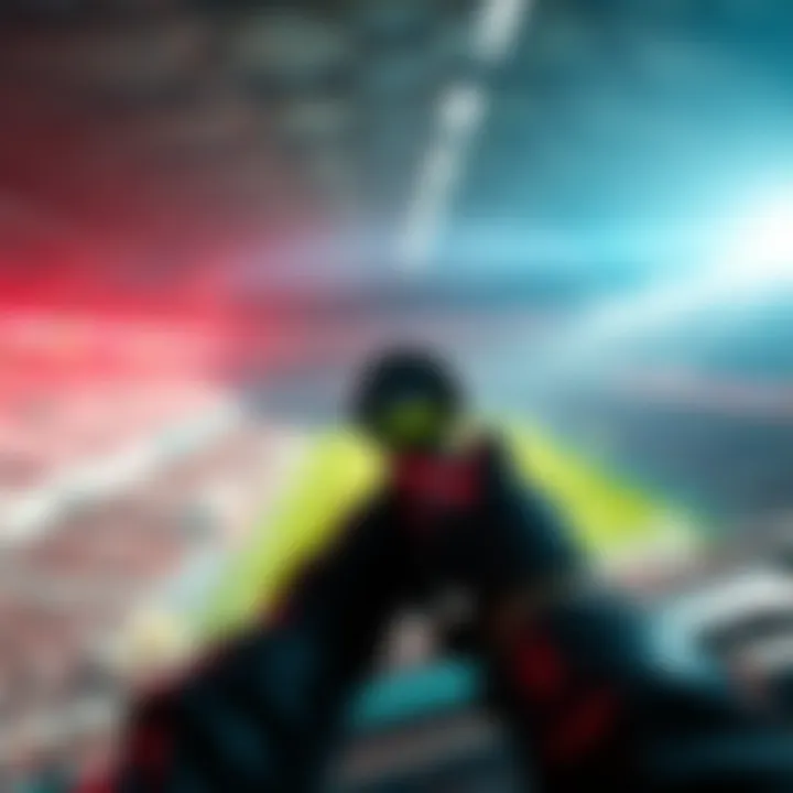 Player using third person view in a stadium setting, aiming at targets with enhanced visibility