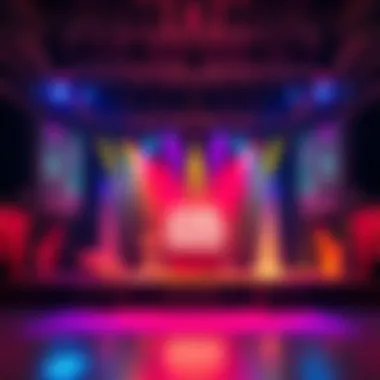 A vibrant stage adorned with creative set pieces and colorful lighting, highlighting the art of stage design.