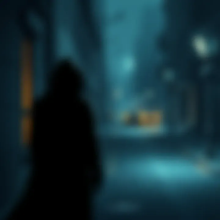 Stalker-Man Illustration A shadowy figure representing Stalker-Man stands on a dark street, watching people from the shadows.