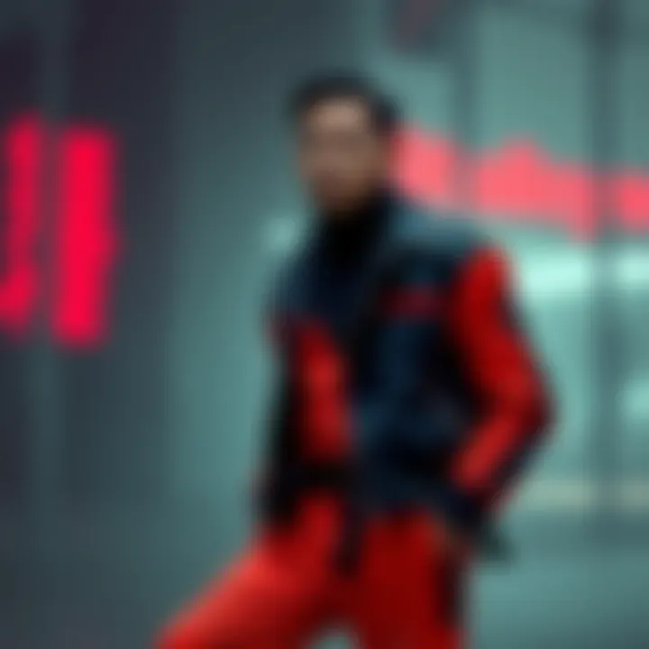 A person confidently wearing a trendy stalker suit that features bold colors and unique design elements, showcasing a striking fashion statement.