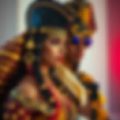 Two vibrant costumes showcasing an Egyptian theme and a pirate look, designed for fashion enthusiasts.