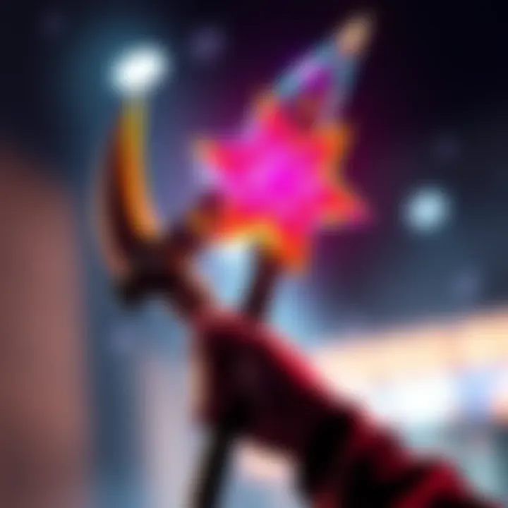 A colorful star wand pickaxe being held by a person, showcasing its unique design and features