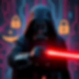 A graphic depicting a Star Wars Galaxies community server breach, showcasing digital security symbols and a dark figure representing the moderator with AI tools.
