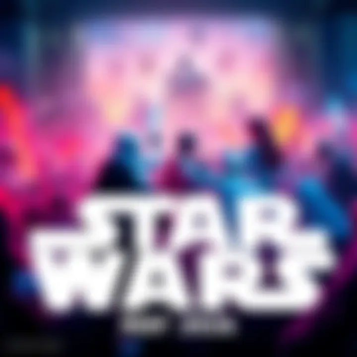A vibrant scene showcasing Star Wars themed events including Fortnite characters, LEGO sets, and fans enjoying a watch party