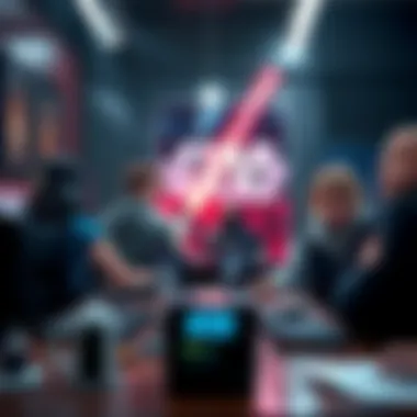 A group of game developers looking concerned at their desks, with a Star Wars themed poster in the background, representing the recent furlough decision by Star Wars Zero Company