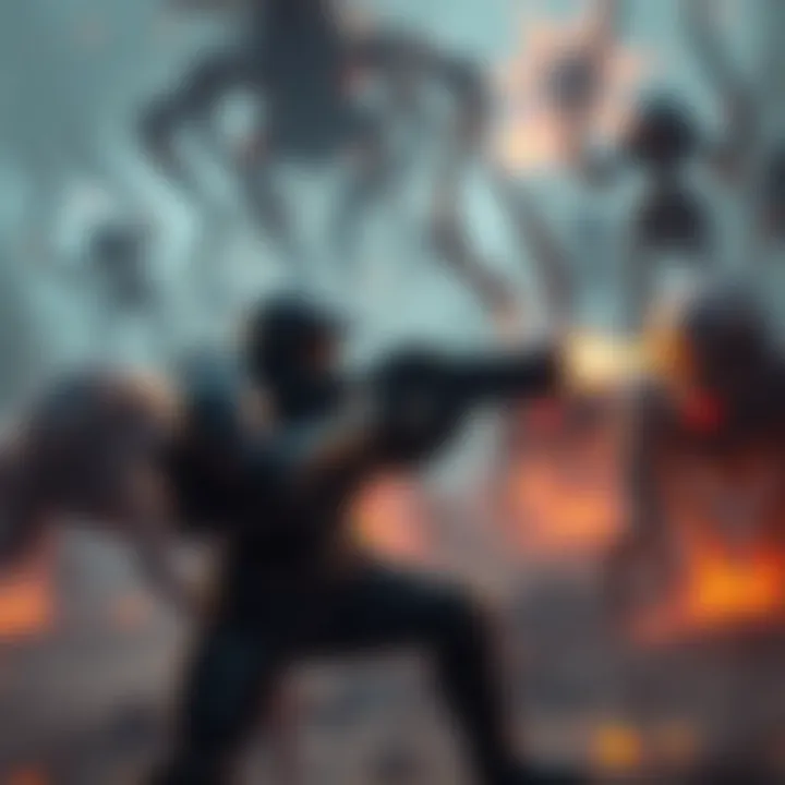 A futuristic soldier in armor shooting in a battlefield filled with alien creatures, representing the potential shift of Starcraft to an Extraction Shooter genre.