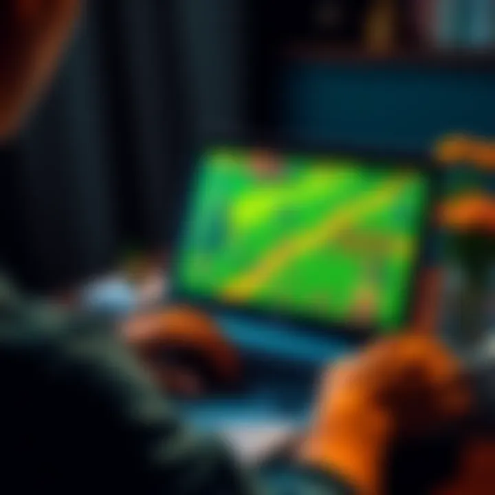 A person using a laptop to play Stardew Valley on a Linux system, featuring the game's colorful graphics on the screen.