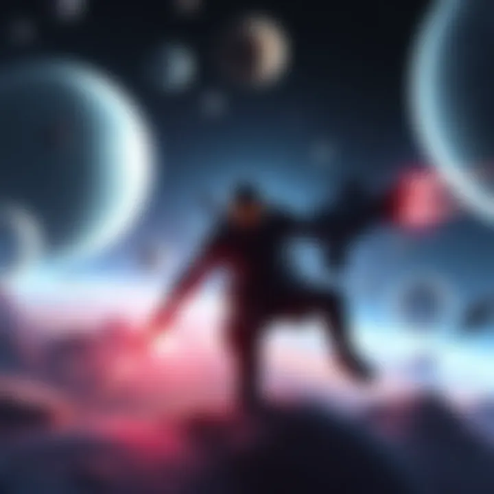 A bounty hunter character exploring a vast outer space scene with planets and stars in the background, engaging in thrilling combat.