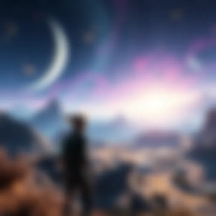 A character from Starfield explores a vibrant and colorful alien landscape with stunning visuals and dynamic combat scenes in the background.
