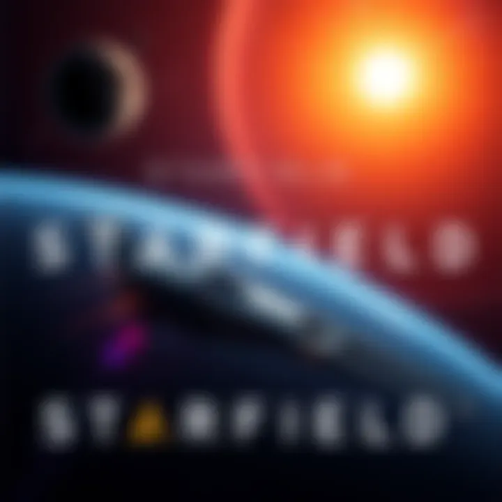 A digital poster for Starfield showing space exploration themes with a spaceship and distant planets