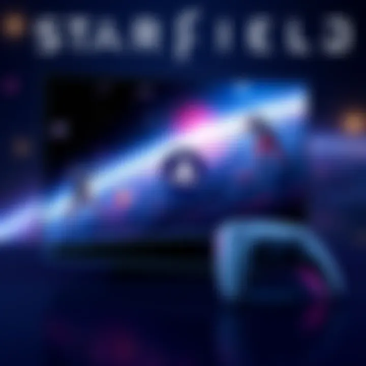 A PlayStation 5 console displaying Starfield on screen with 4K visuals and 60 fps gameplay options