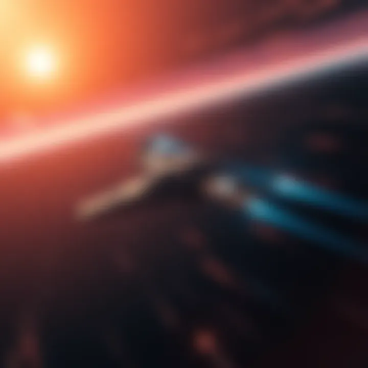 A spacecraft traveling through free lanes in space, with the Terran Armada visible in the background.