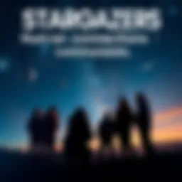 A group of stargazers looking at the night sky, sharing ideas and thoughts about constellations, with a backdrop of stars and planets.