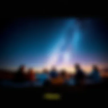 A group of people lying on blankets under a starry sky, observing shooting stars during a meteor shower