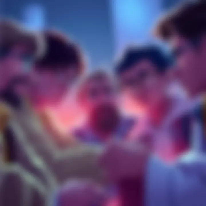 Game players debating the new start-game imbue strategy with concerned expressions