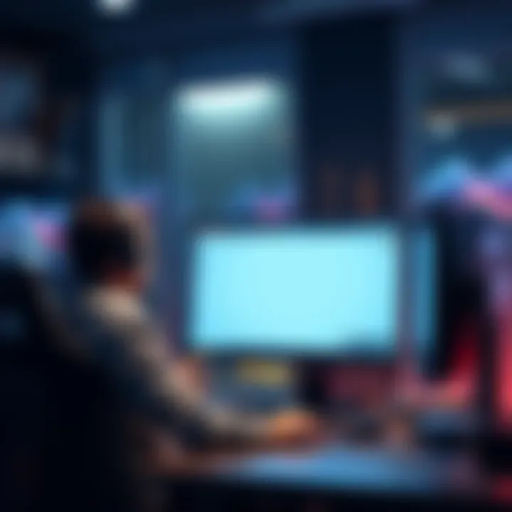 A gamer sitting at a desk, focused on a computer screen, with a blank character screen showing no weapons or items, symbolizing a fresh start.