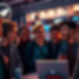 A group of excited fans discussing the recent State of Play delay, showing mixed emotions of frustration and anticipation, with gaming merchandise in the background.