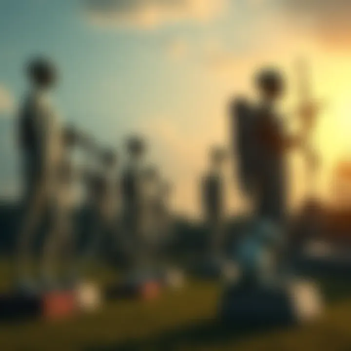 A row of statues symbolizing human evolution with skeletons and abstract figures in a serene environment