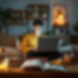 A young person sitting on a couch with a laptop, surrounded by books and snacks, representing the WTW concept.