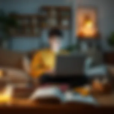 A young person sitting on a couch with a laptop, surrounded by books and snacks, representing the WTW concept.