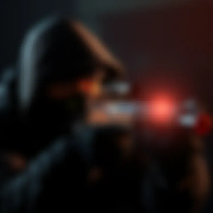 A gaming character aiming the Burletta gun quietly in a shadowy environment for a headshot