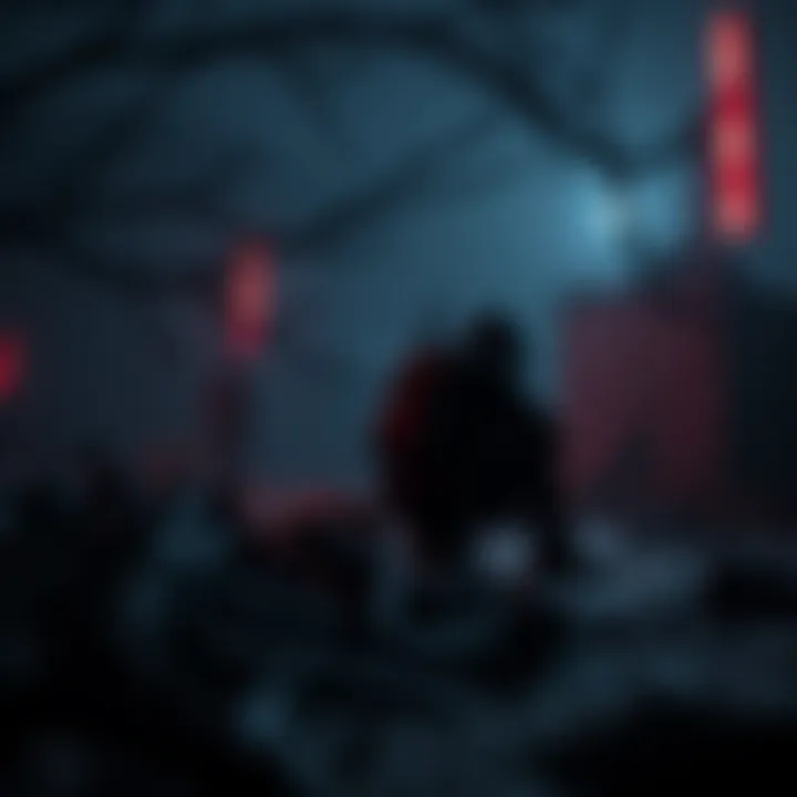 Stealth Approach to Clickers in TLOU A player crouches behind cover, trying to sneak up on a clicker in a dark, post-apocalyptic environment.